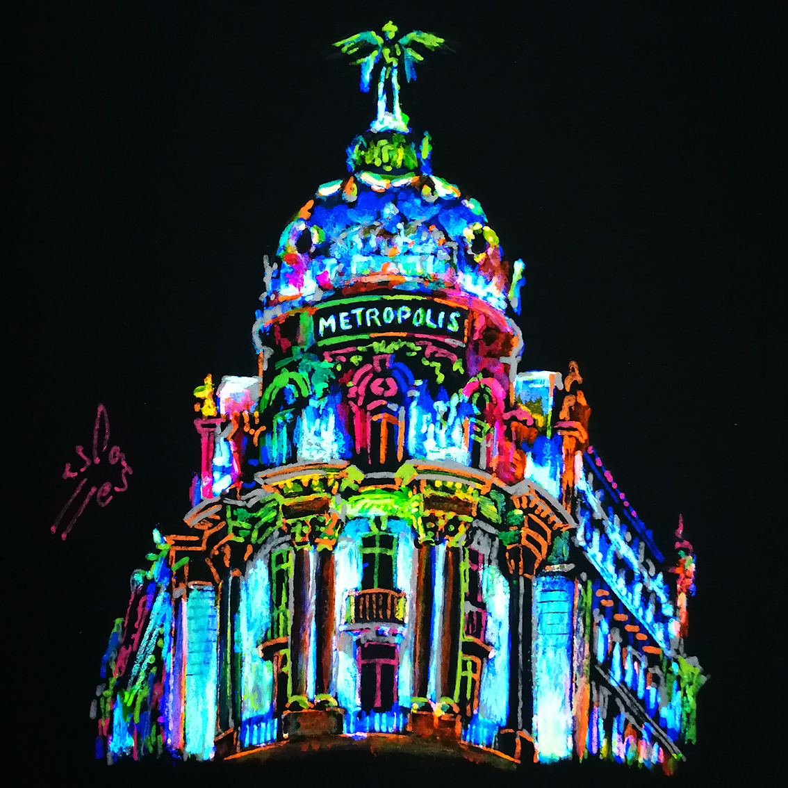 Vicky-Casellas.-Madrid-fluorescente.-Edificio-Metropoli.-Arte-fluorescente.-Ilustraciones-fluorescentes