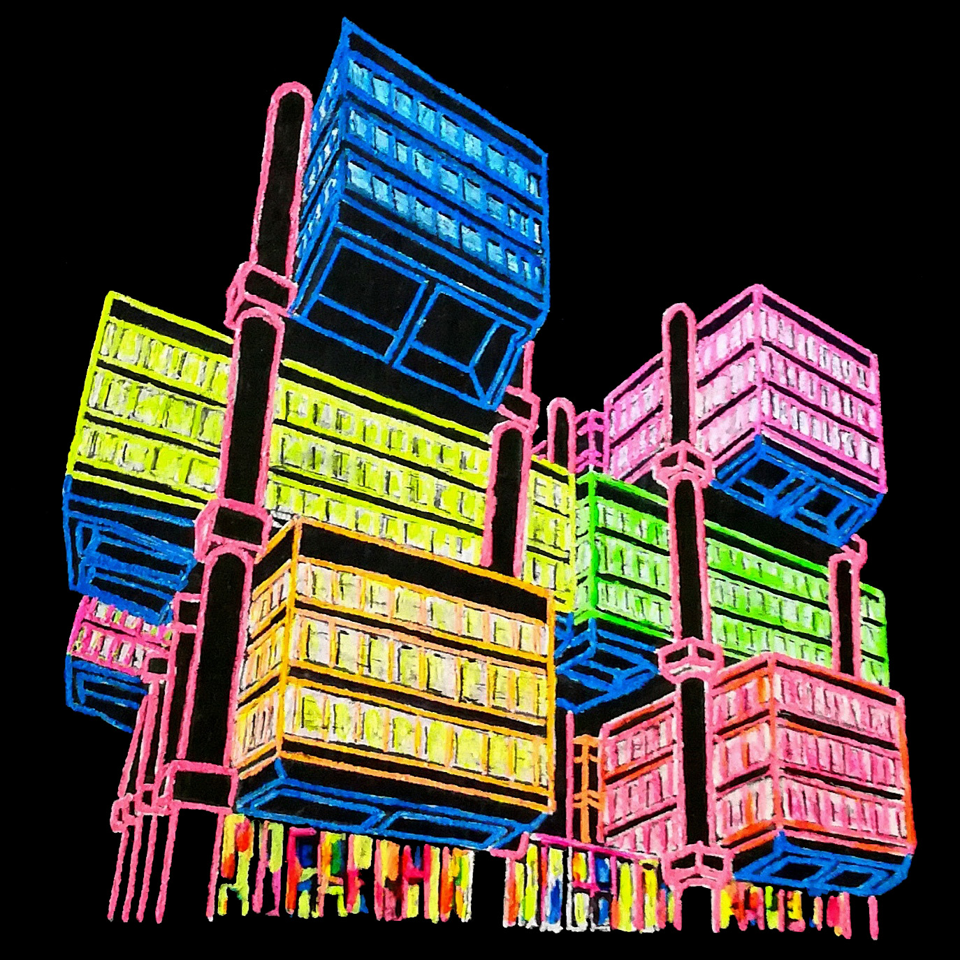 Edificio Los Cubos, Vicky Casellas, Ilustración fluorescente