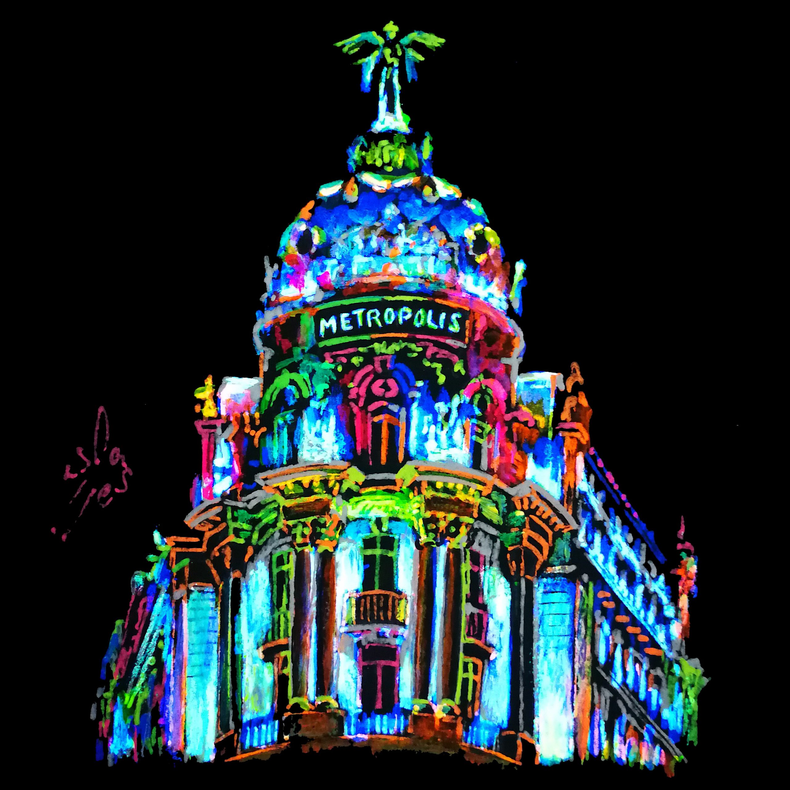 Edificio Metrópoli (fluo), Vicky Casellas, Ilustración fluorescente