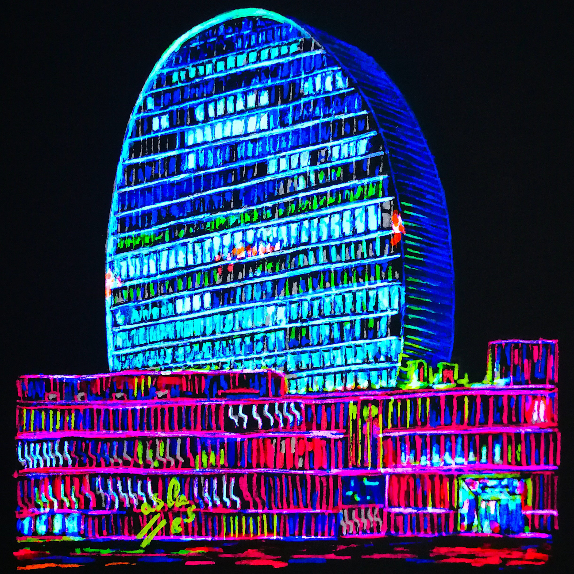 Edificio Vela BBV (fluo), Vicky Casellas, Ilustración fluorescente