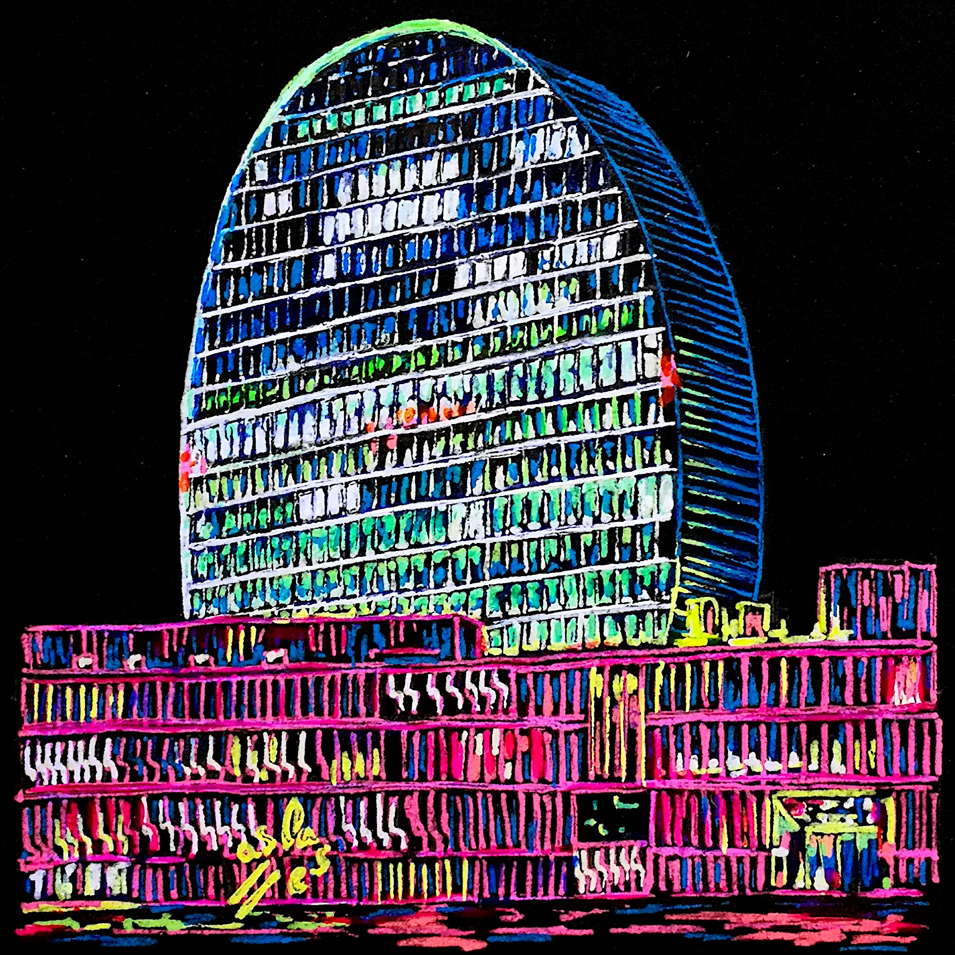 Edificio Vela BBV, Vicky Casellas, Ilustración fluorescente