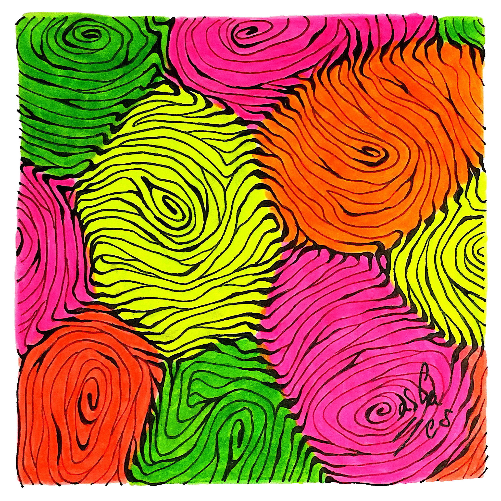 Huellas digitales troncos y curvas de nivel, Vicky Casellas, Ilustración fluorescente