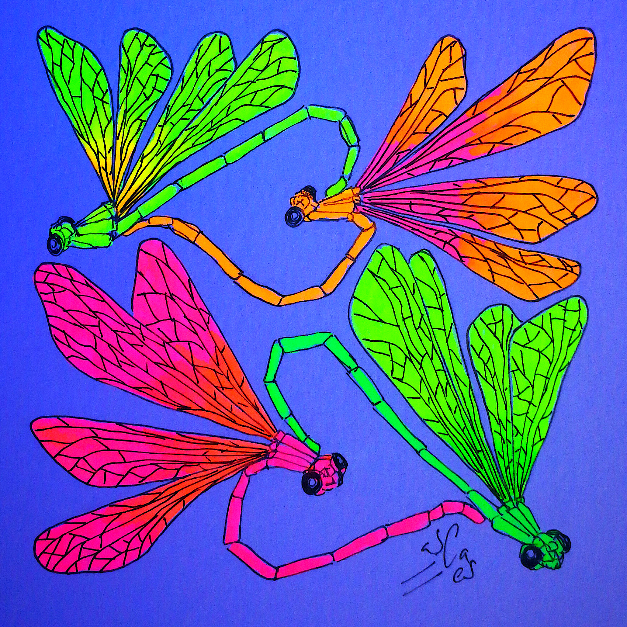 Libélulas copulando (fluo), Vicky Casellas, Ilustración fluorescente