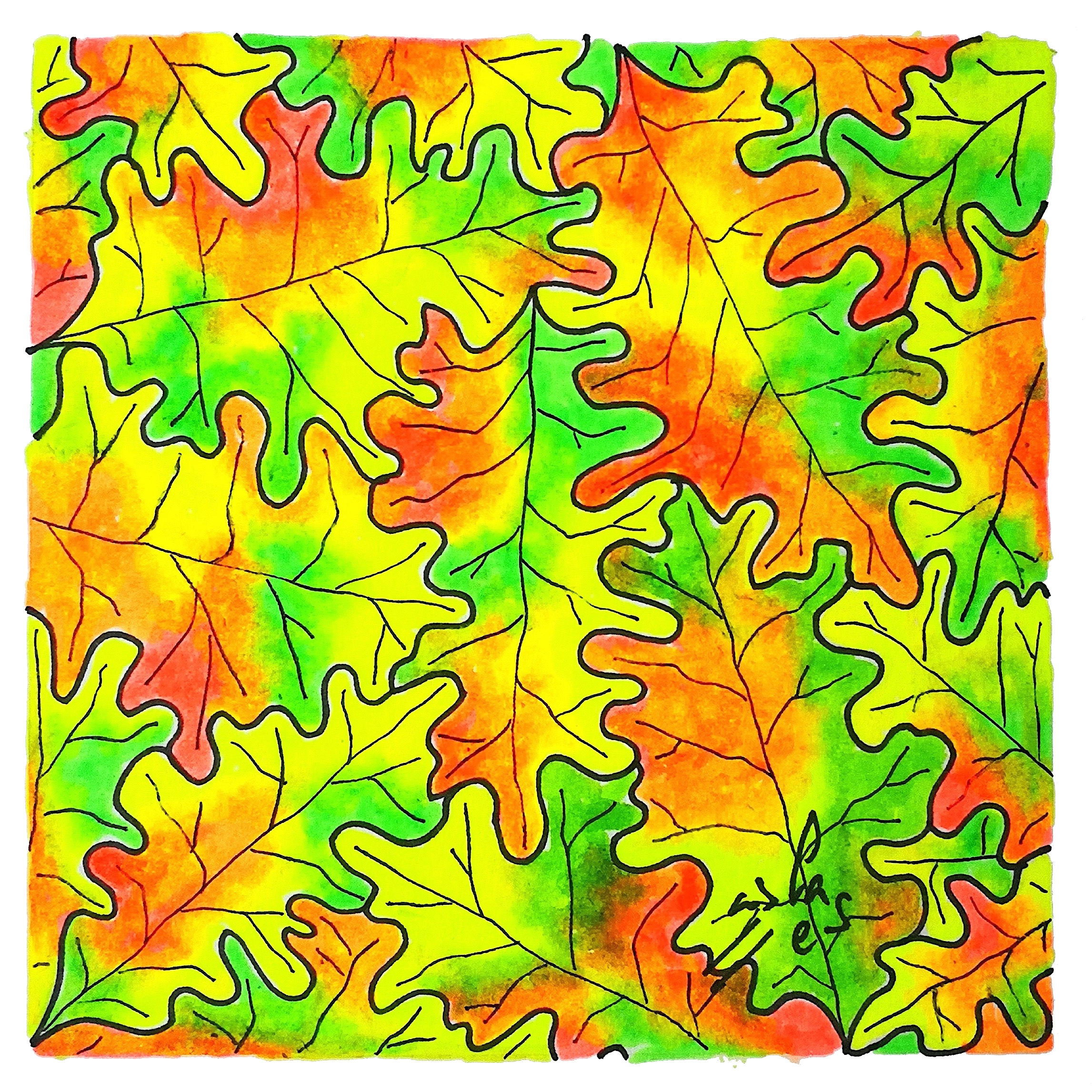 Puzle otoñal de hojas de roble, Vicky Casellas, Ilustración fluorescente